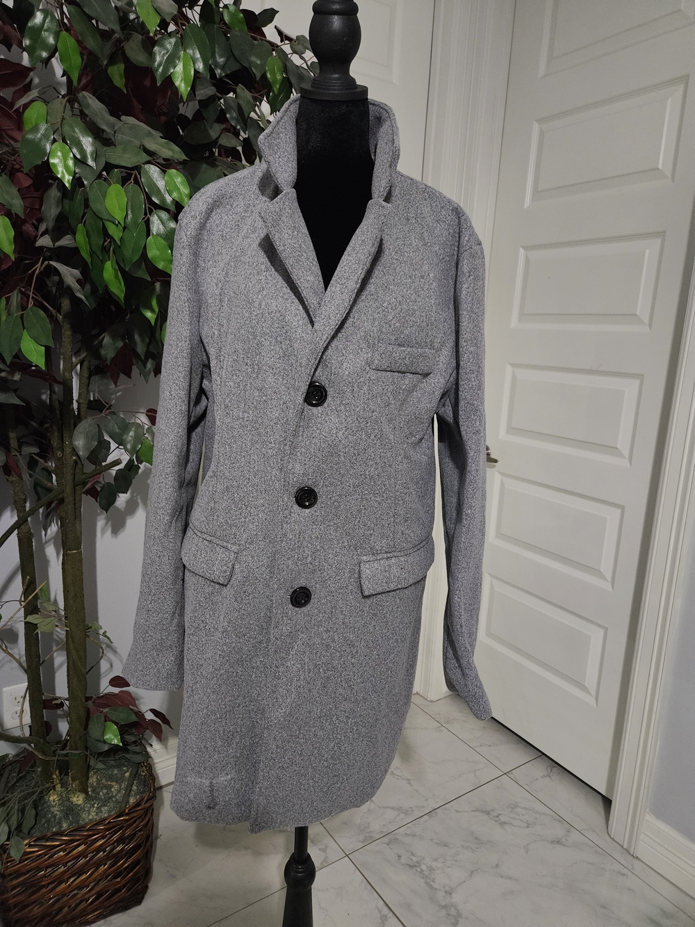RVHSWDS Men's Gray Single-Breasted Wool Blend Overcoat